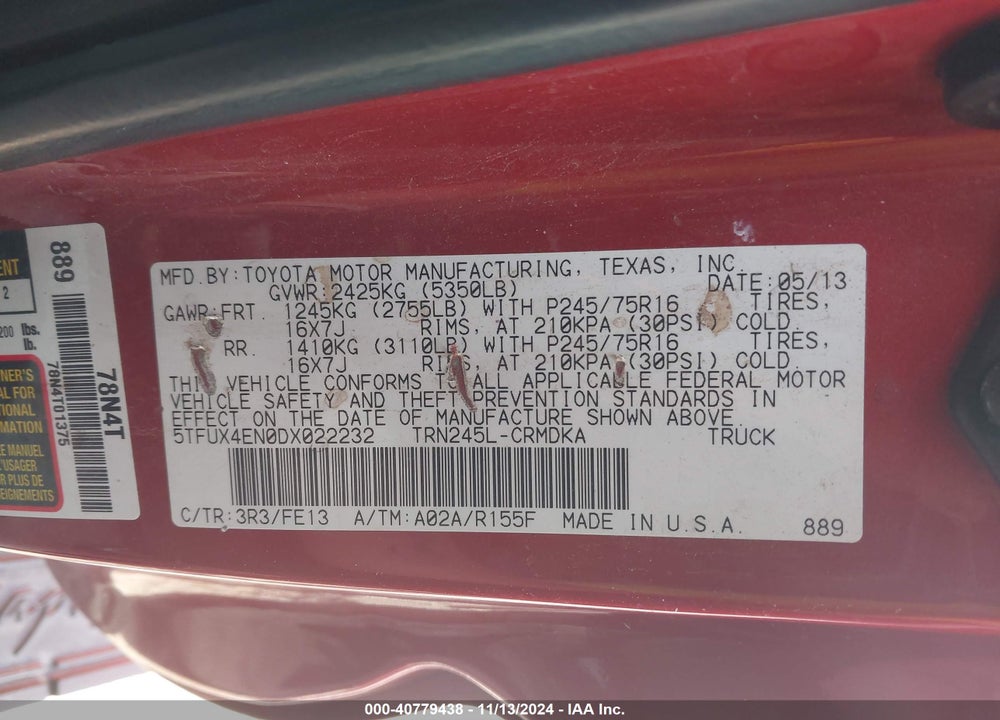 2013 TOYOTA TACOMA BASE (M5) VIN: 5TFUX4EN0DX022232