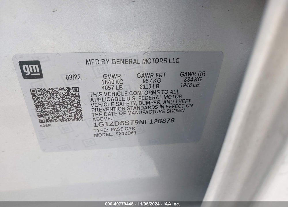 2022 CHEVROLET MALIBU FWD LT VIN: 1G1ZD5ST9NF128878