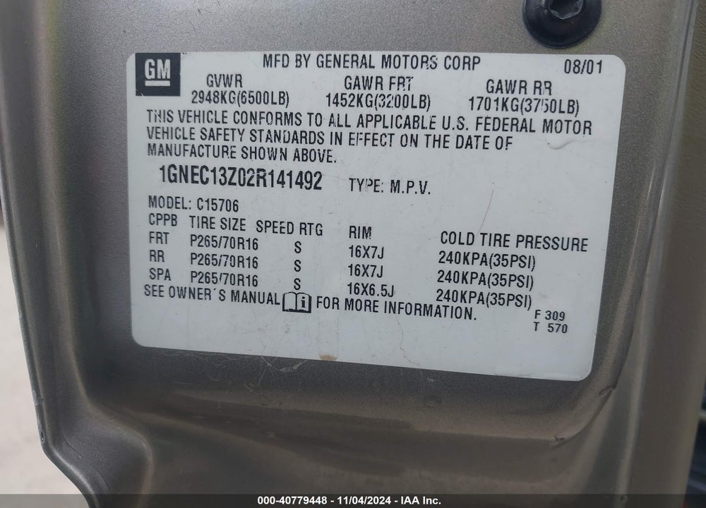2002 CHEVROLET TAHOE LT VIN: 1GNEC13Z02R141492
