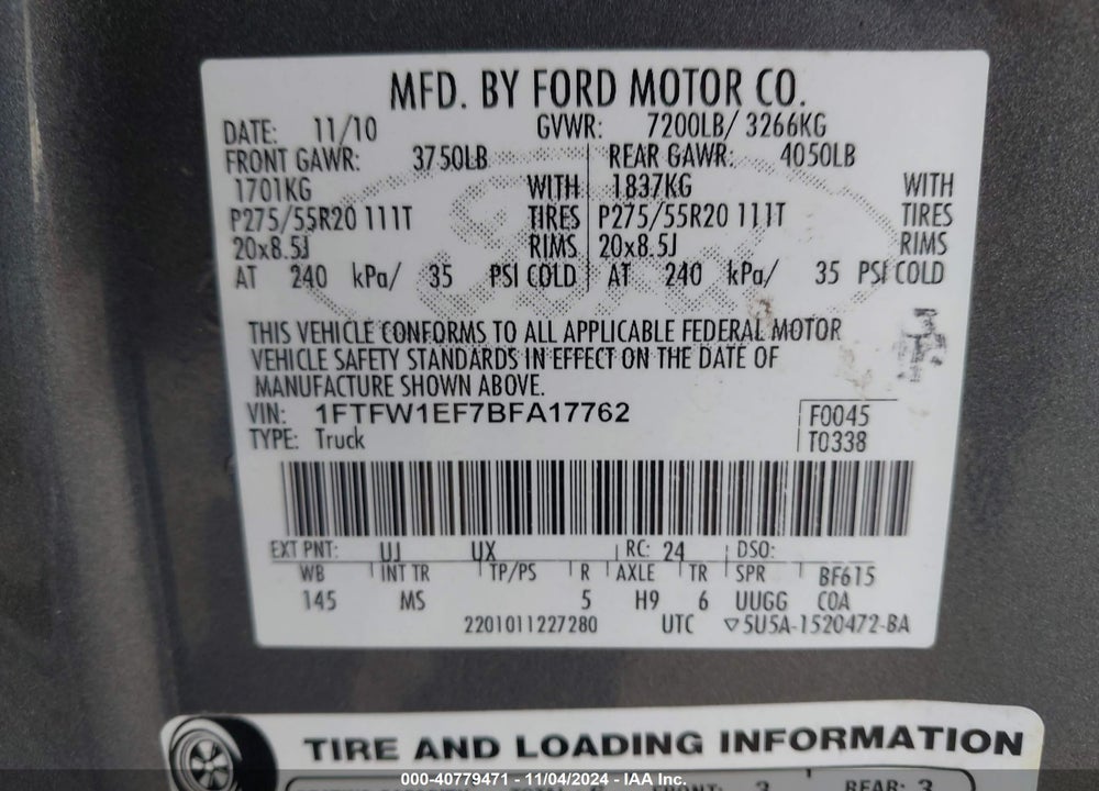 2011 FORD F-150 XLT VIN: 1FTFW1EF7BFA17762