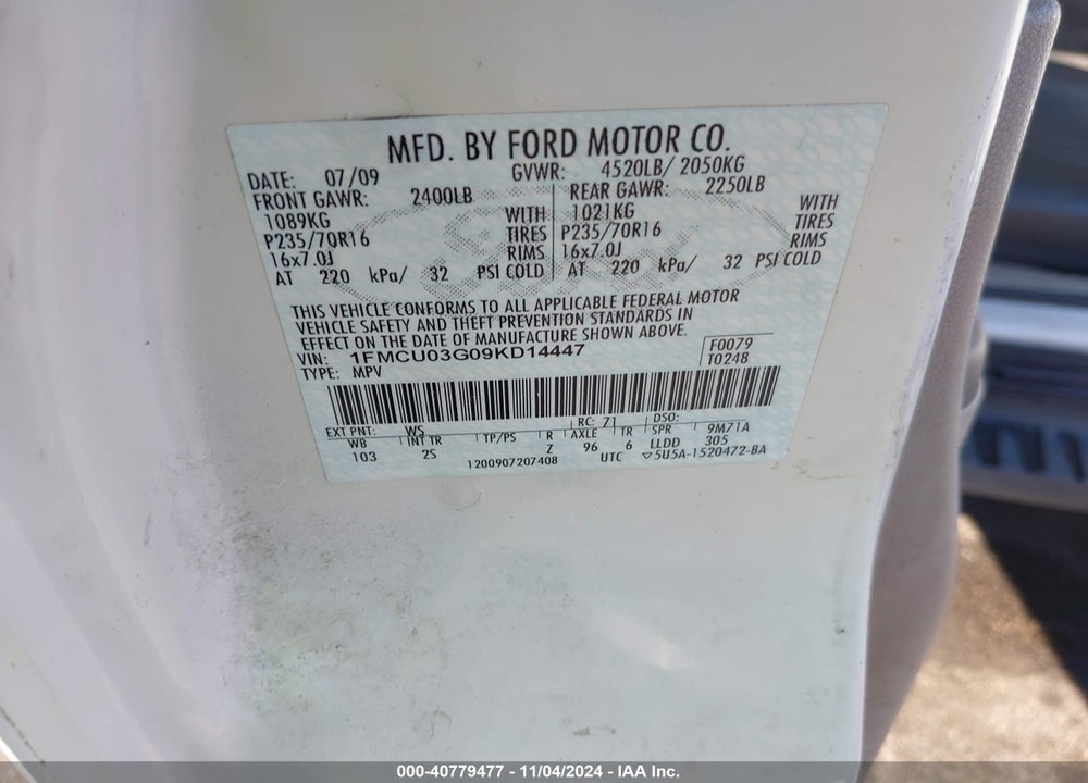 2009 FORD ESCAPE XLT VIN: 1FMCU03G09KD14447