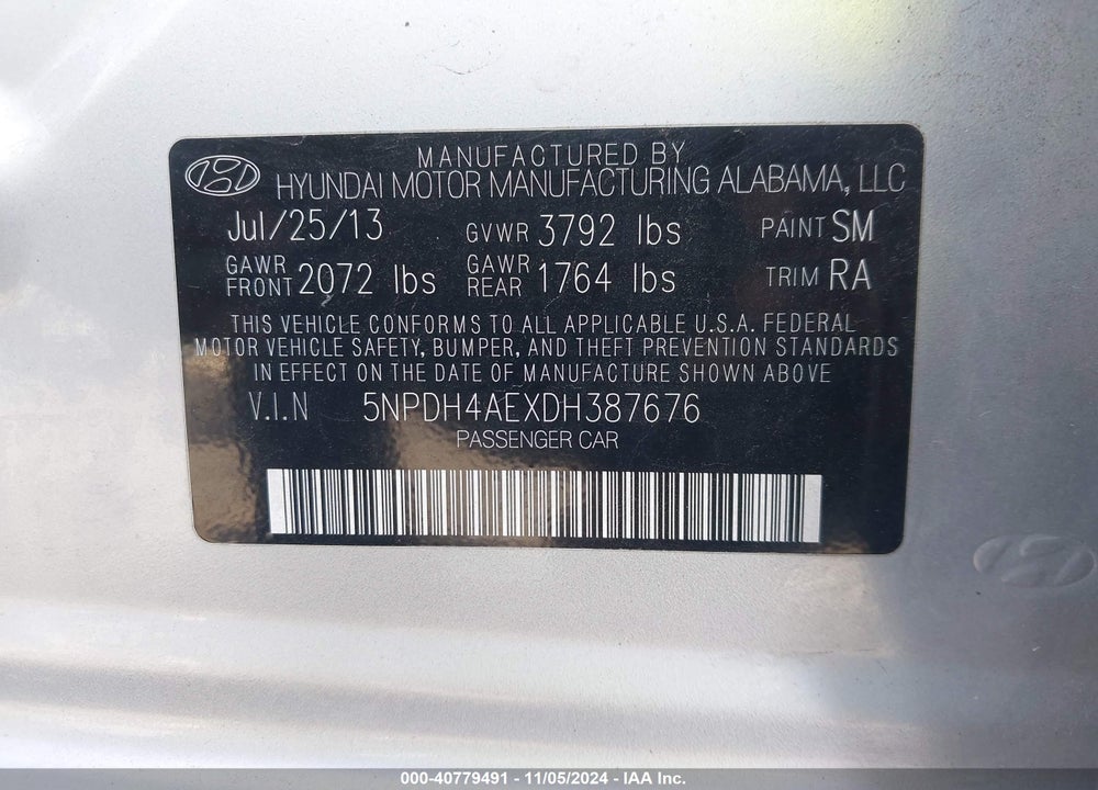 2013 HYUNDAI ELANTRA GLS VIN: 5NPDH4AEXDH387676