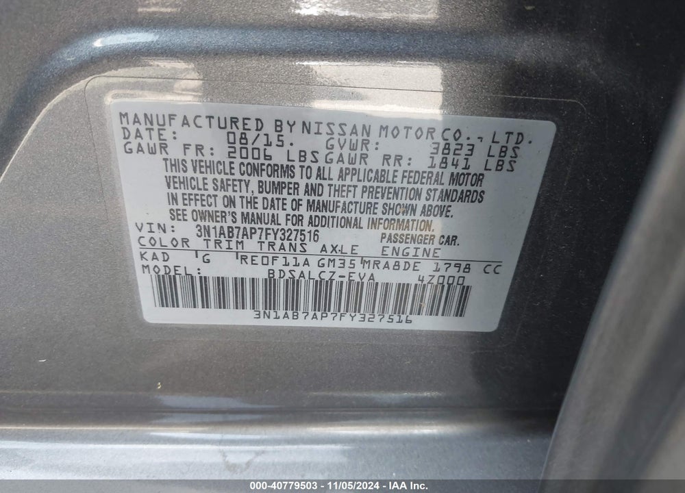 2015 NISSAN SENTRA S VIN: 3N1AB7AP7FY327516