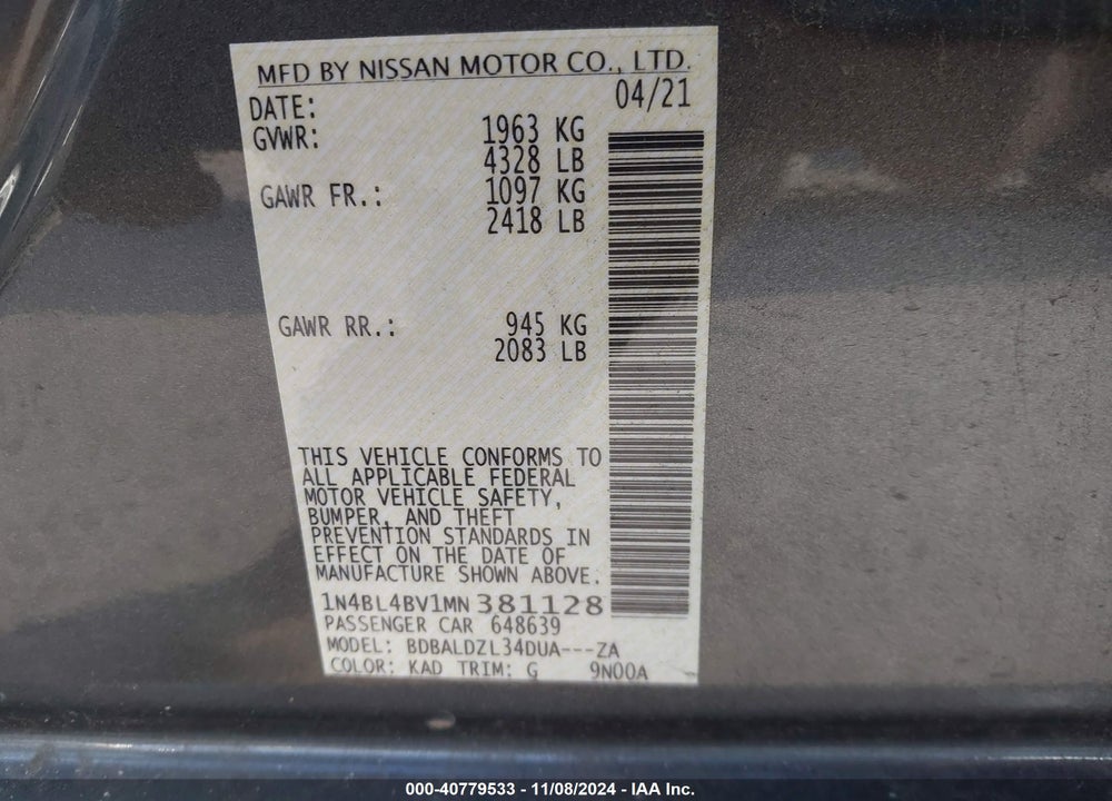 2021 NISSAN ALTIMA S FWD VIN: 1N4BL4BV1MN381128