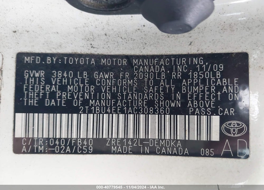 2010 TOYOTA COROLLA VIN: 2T1BU4EE1AC308360