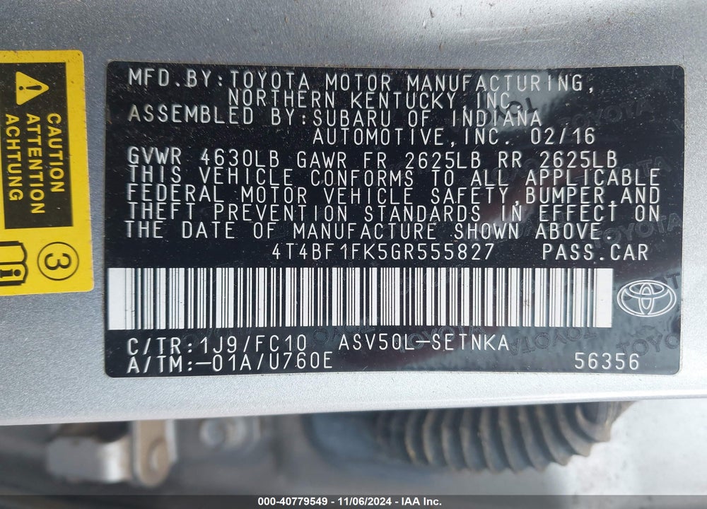 2016 TOYOTA CAMRY LE VIN: 4T4BF1FK5GR555827