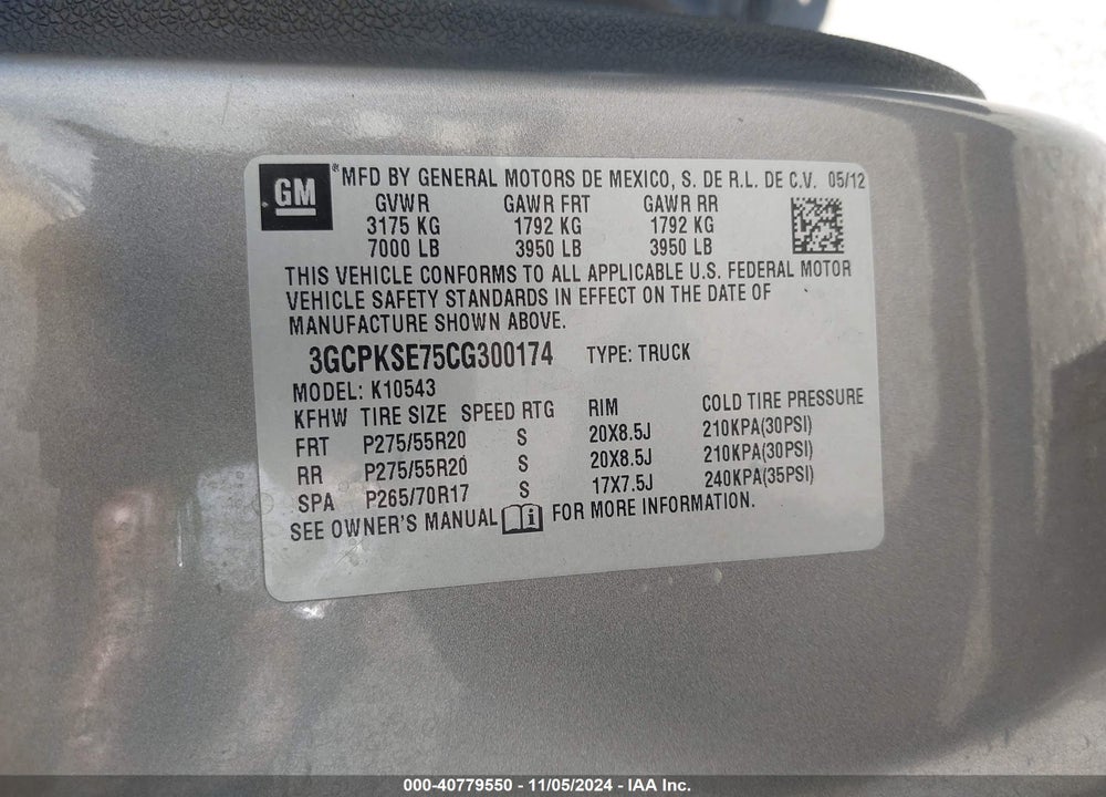 2012 CHEVROLET SILVERADO 1500 LT VIN: 3GCPKSE75CG300174