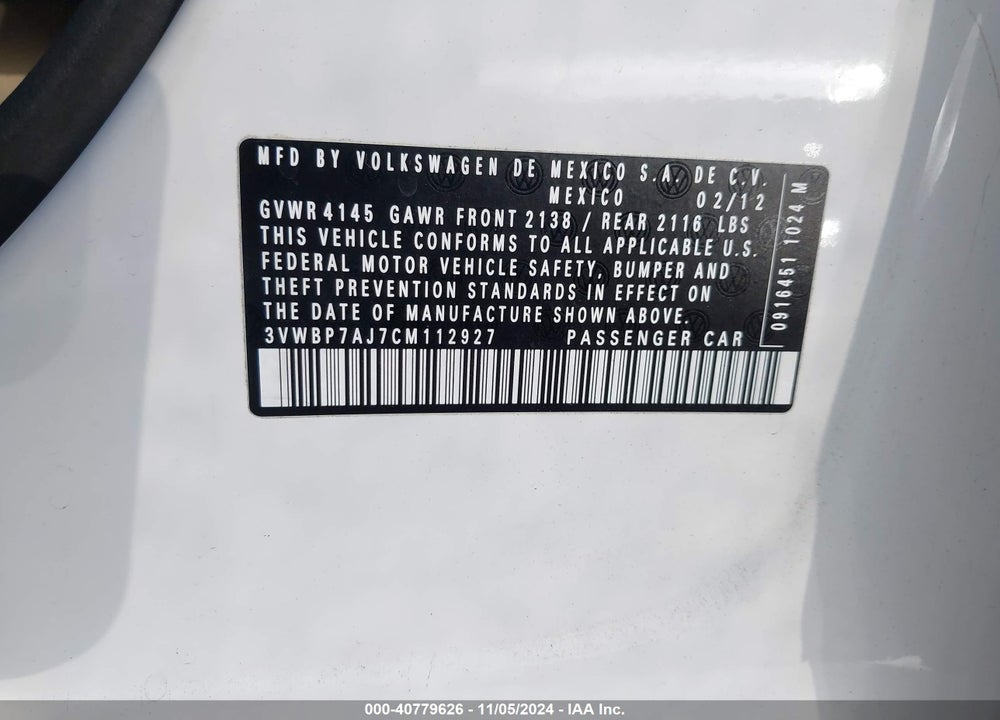 2012 VOLKSWAGEN JETTA 2.5L SE VIN: 3VWBP7AJ7CM112927