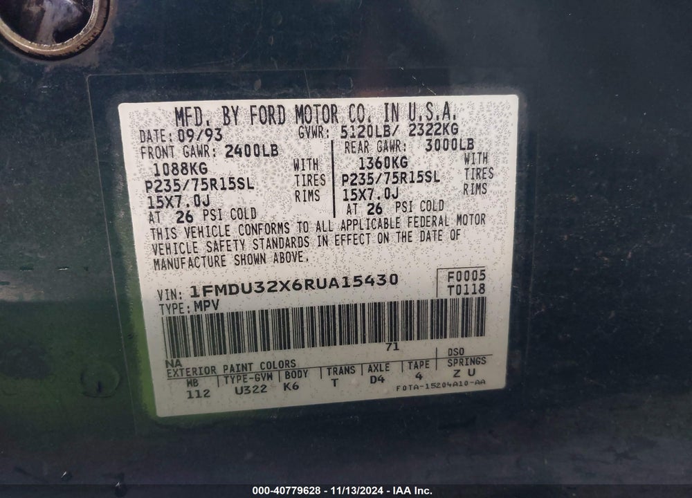 1994 FORD EXPLORER VIN: 1FMDU32X6RUA15430