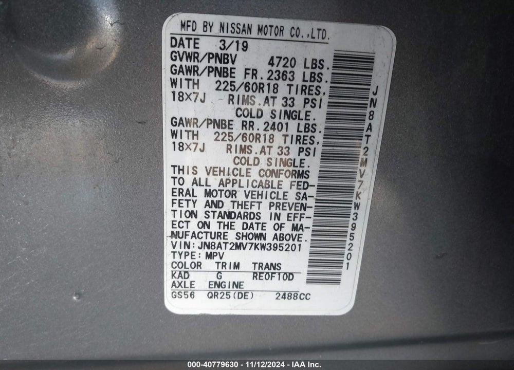 2019 NISSAN ROGUE SV VIN: JN8AT2MV7KW395201