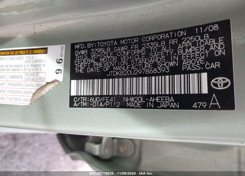 2009 TOYOTA PRIUS TOURING VIN: JTDKB20U297868393