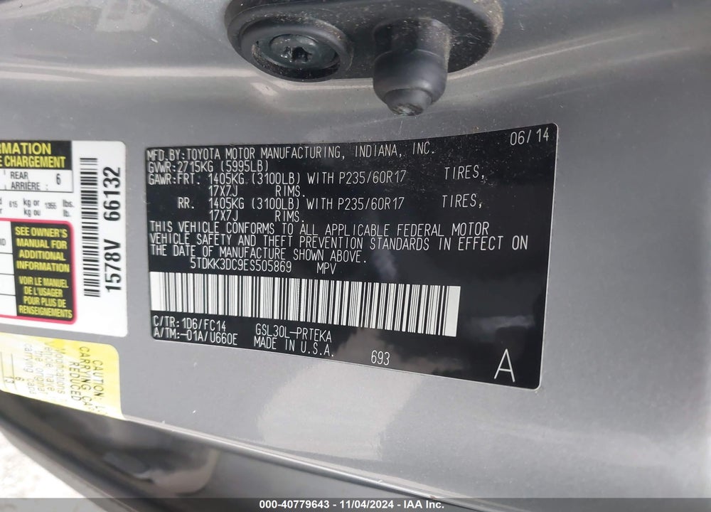 2014 TOYOTA SIENNA LE V6 8 PASSENGER VIN: 5TDKK3DC9ES505869