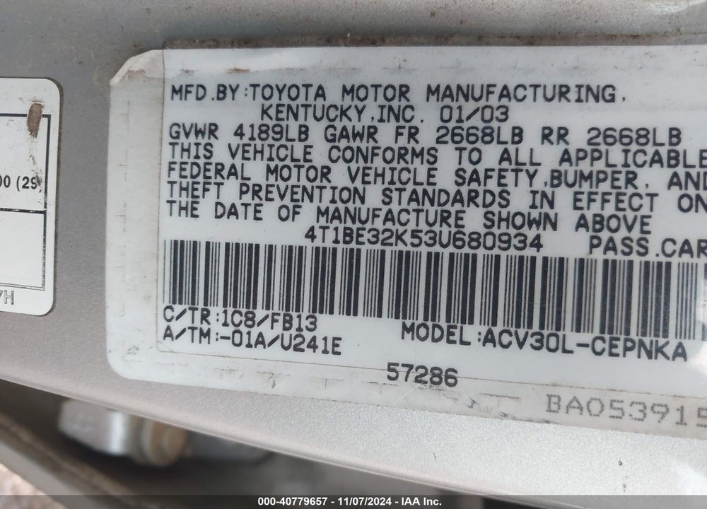 2003 TOYOTA CAMRY LE VIN: 4T1BE32K53U680934