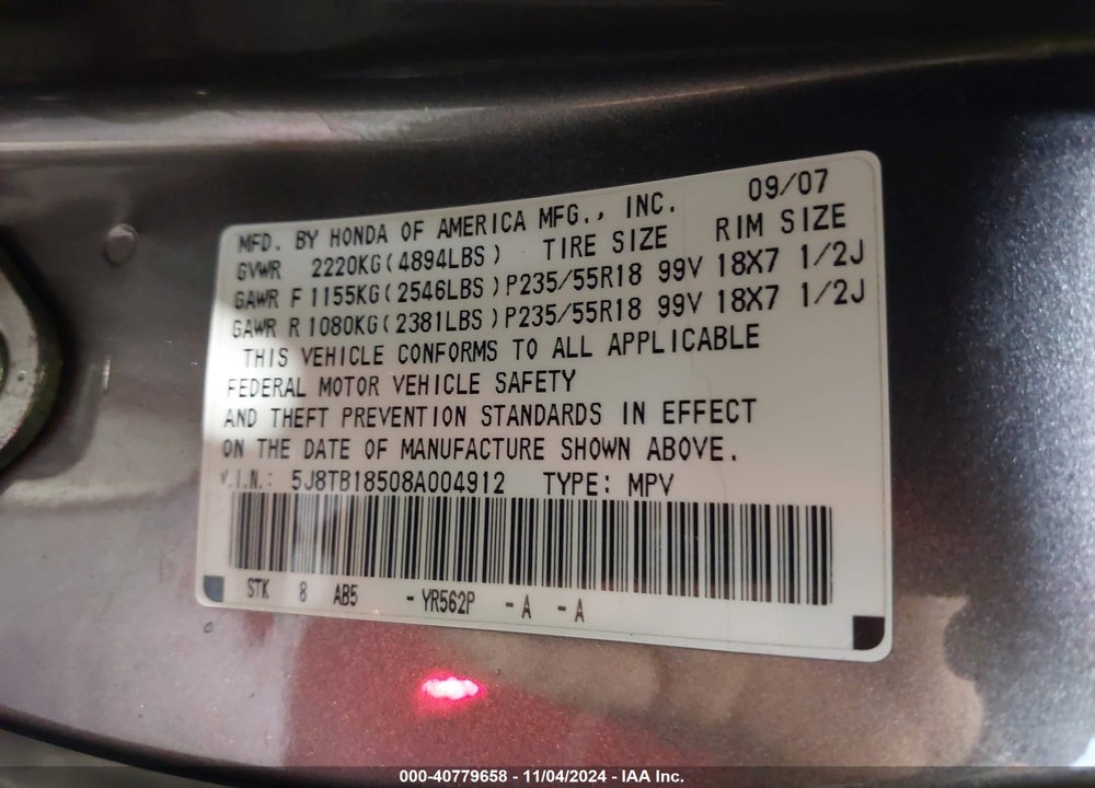 2008 ACURA RDX VIN: 5J8TB18508A004912