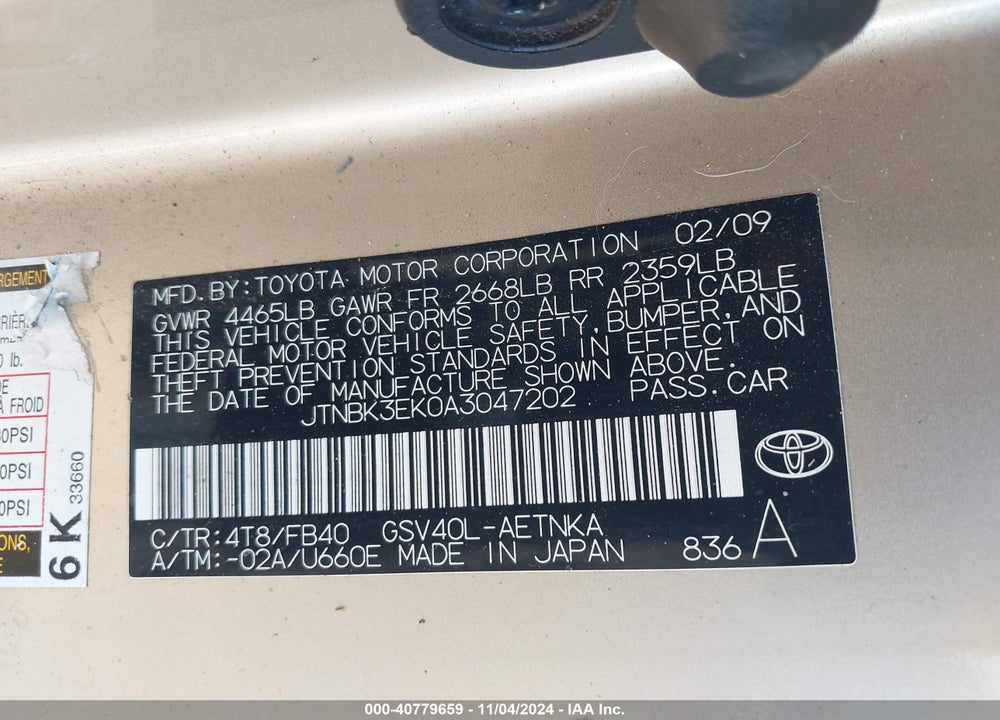 2010 TOYOTA CAMRY LE V6 VIN: JTNBK3EK0A3047202