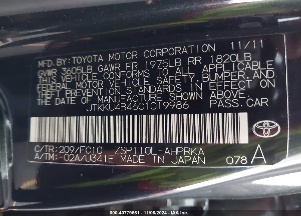 2012 SCION XD VIN: JTKKU4B46C1019986