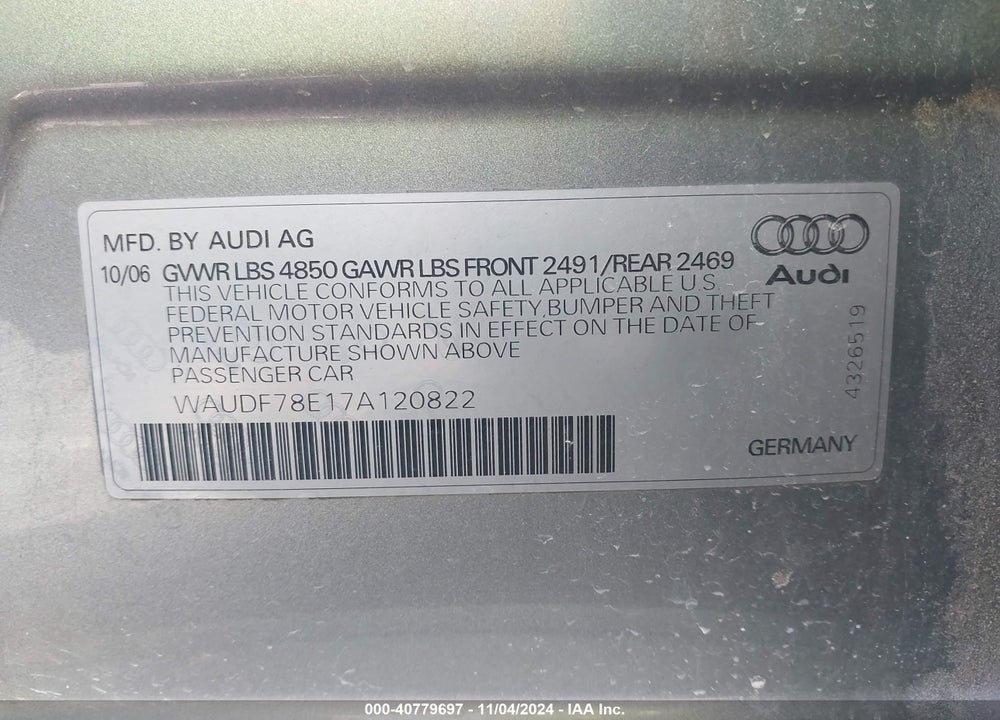 2007 AUDI A4 2.0T VIN: WAUDF78E17A120822