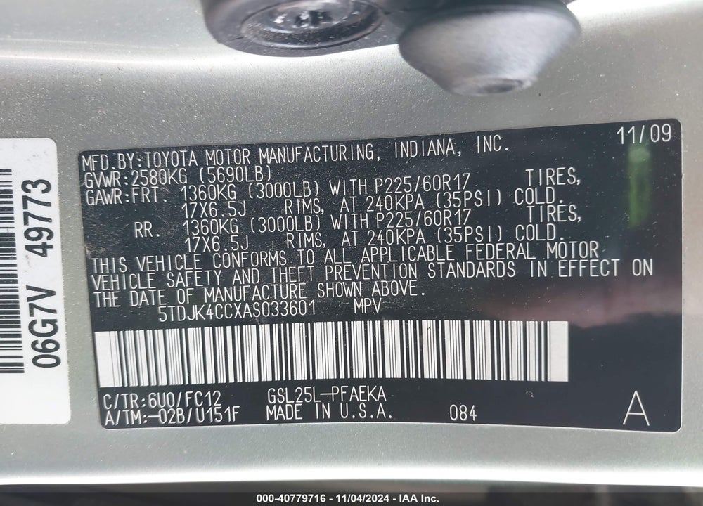 2010 TOYOTA SIENNA LE VIN: 5TDJK4CCXAS033601