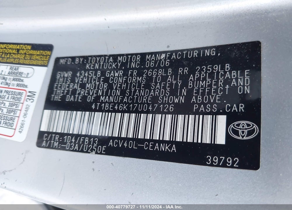 2007 TOYOTA CAMRY LE VIN: 4T1BE46K17U047126