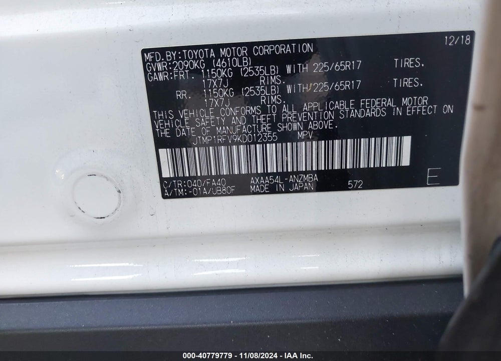 2019 TOYOTA RAV4 XLE VIN: JTMP1RFV9KD012355