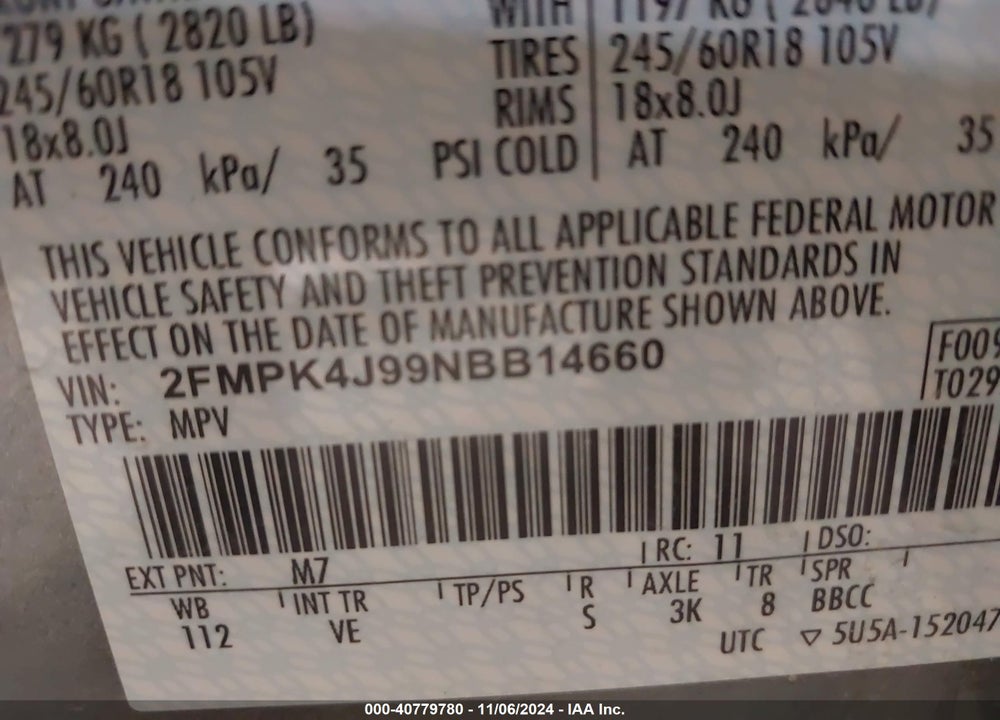 2022 FORD EDGE SEL VIN: 2FMPK4J99NBB14660