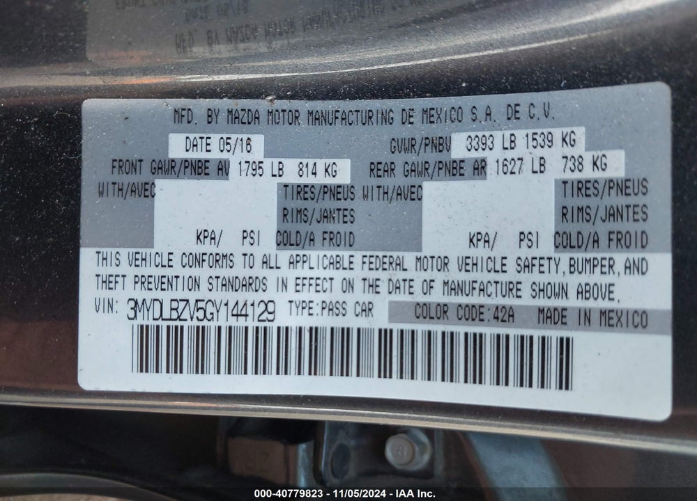 2016 SCION IA BASE A6 VIN: 3MYDLBZV5GY144129