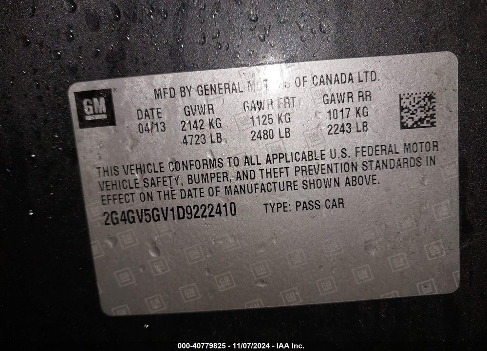 2013 BUICK REGAL VIN: 2G4GV5GV1D9222410