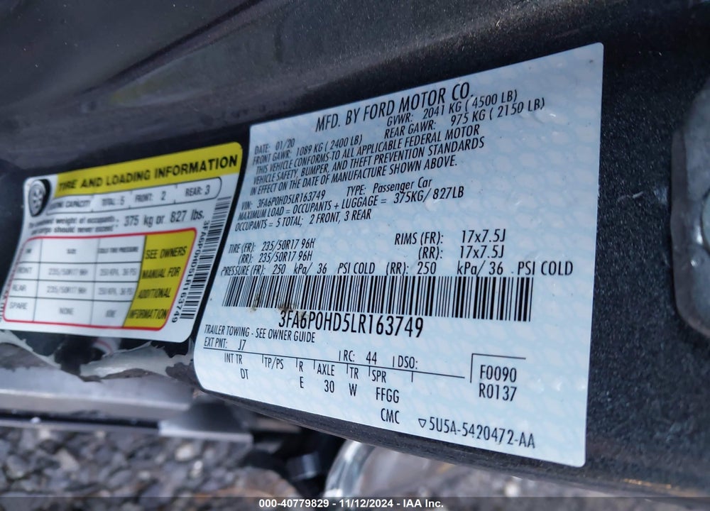 2020 FORD FUSION SE VIN: 3FA6P0HD5LR163749