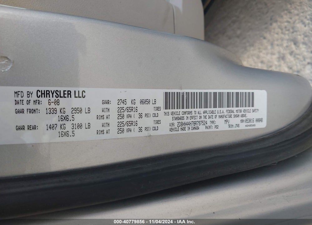 2008 DODGE GRAND CARAVAN SE VIN: 2D8HN44H78R797524