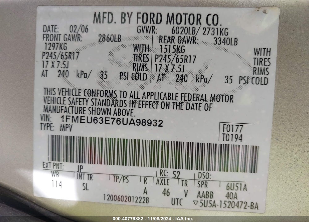 2006 FORD EXPLORER XLT VIN: 1FMEU63E76UA98932