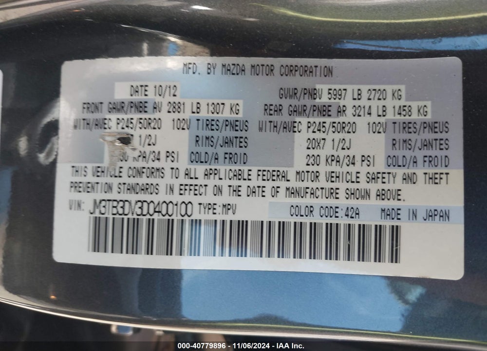 2013 MAZDA CX-9 GRAND TOURING VIN: JM3TB3DV3D0400100