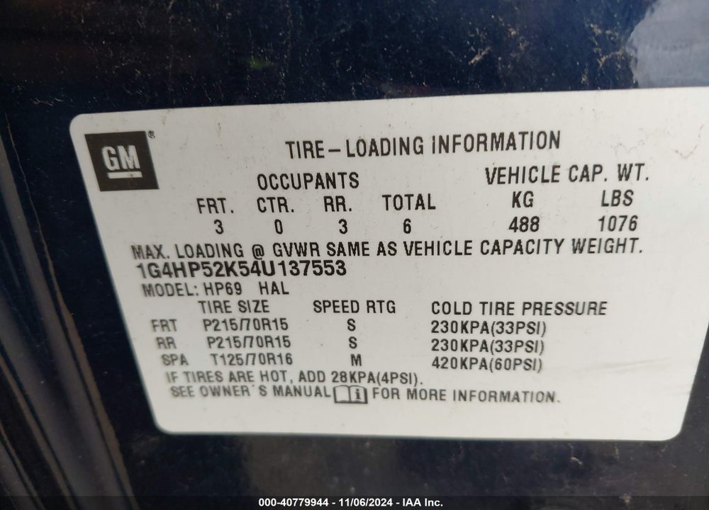 2004 BUICK LESABRE CUSTOM VIN: 1G4HP52K54U137553