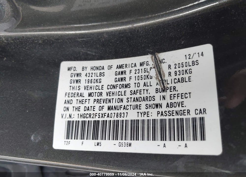 2015 HONDA ACCORD SPORT VIN: 1HGCR2F5XFA078937