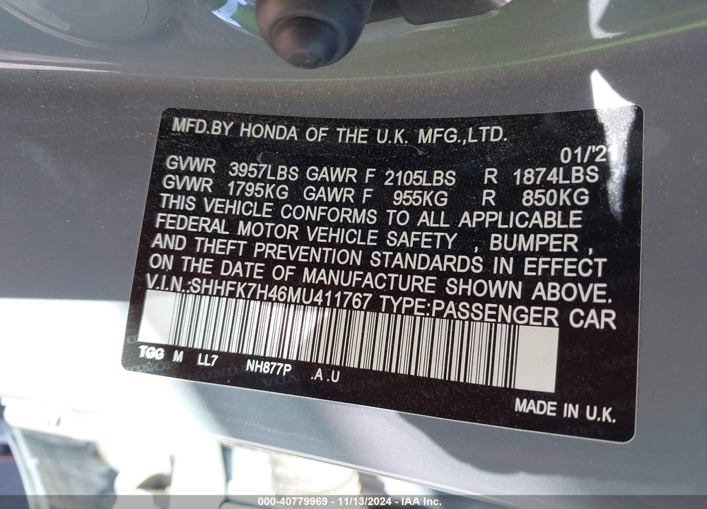 2021 HONDA CIVIC SPORT VIN: SHHFK7H46MU411767