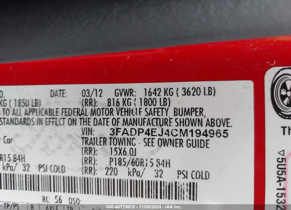 2012 FORD FIESTA SE VIN: 3FADP4EJ4CM194965