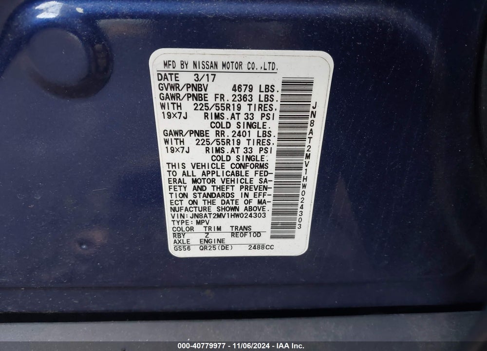 2017 NISSAN ROGUE SL VIN: JN8AT2MV1HW024303
