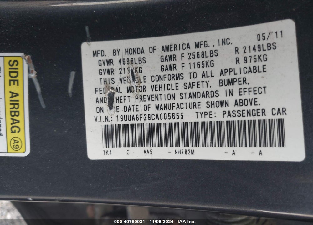 2012 ACURA TL 3.5 VIN: 19UUA8F29CA005655