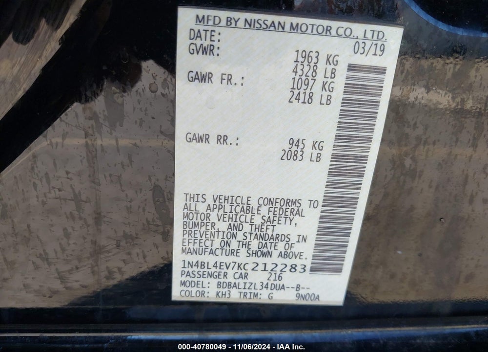 2019 NISSAN ALTIMA 2.5 SL VIN: 1N4BL4EV7KC212283