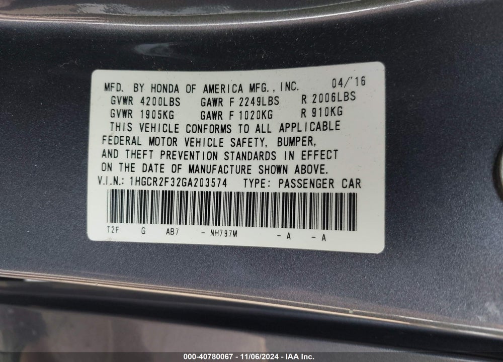 2016 HONDA ACCORD LX VIN: 1HGCR2F32GA203574