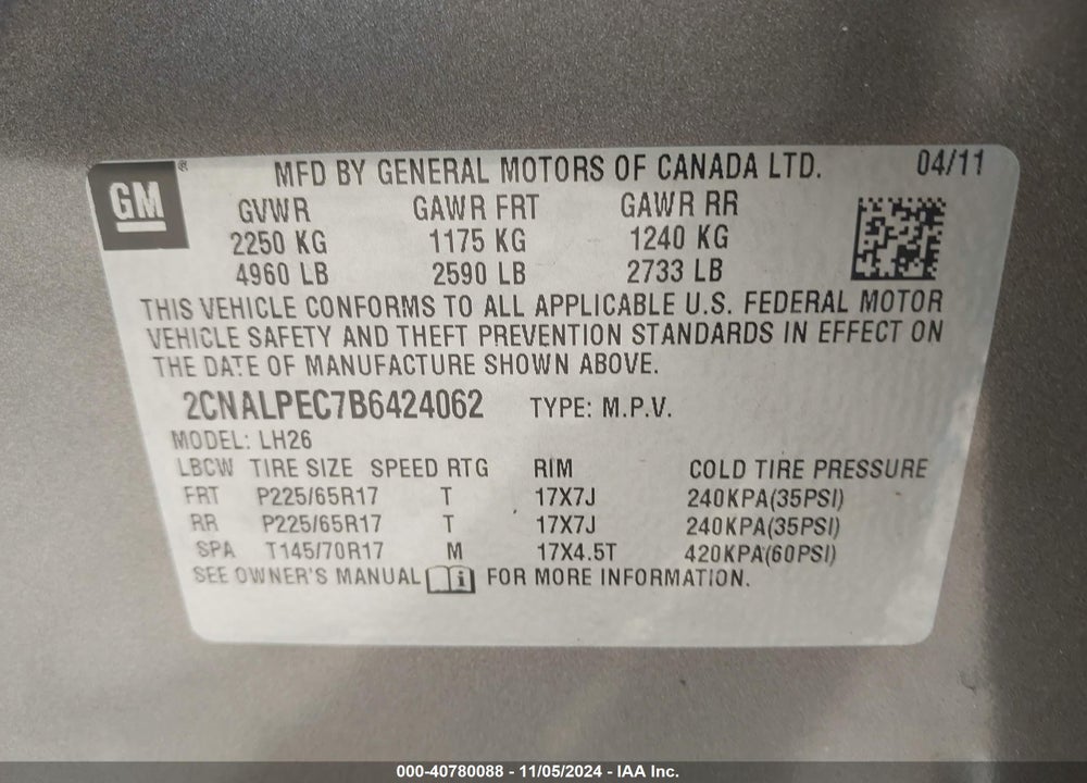 2011 CHEVROLET EQUINOX 2LT VIN: 2CNALPEC7B6424062