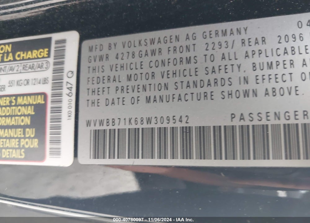 2008 VOLKSWAGEN RABBIT S VIN: WVWBB71K68W309542
