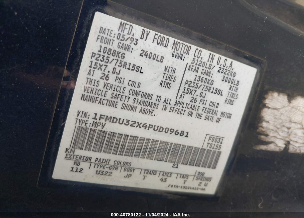 1993 FORD EXPLORER VIN: 1FMDU32X4PUD09681