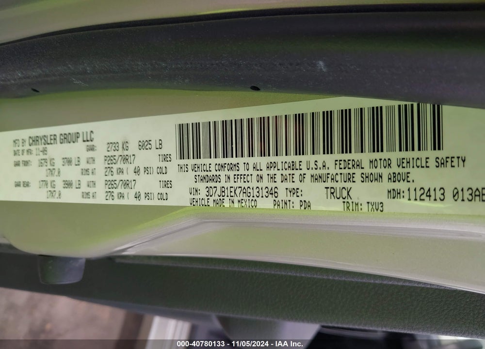 2010 DODGE RAM 1500 ST VIN: 3D7JB1EK7AG131346