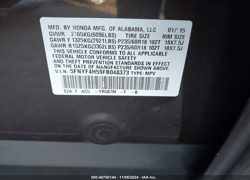 2015 HONDA PILOT EX-L VIN: 5FNYF4H59FB048373