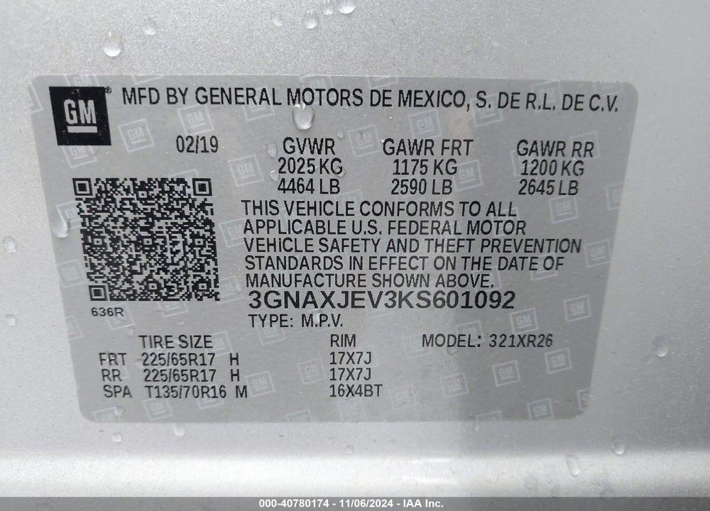 2019 CHEVROLET EQUINOX LT VIN: 3GNAXJEV3KS601092