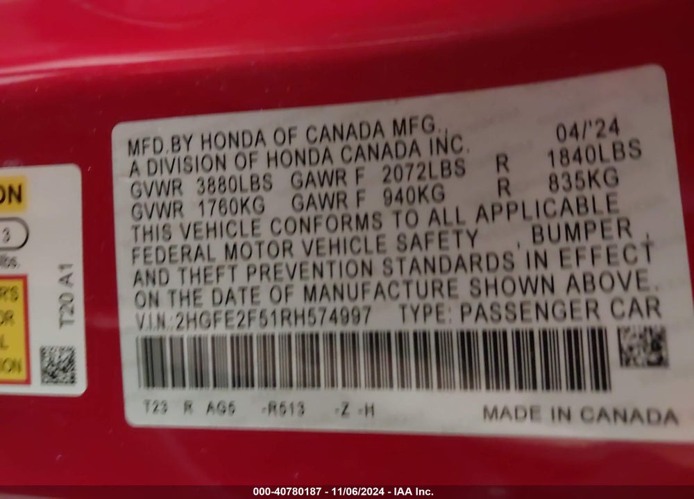 2024 HONDA CIVIC SPORT VIN: 2HGFE2F51RH574997