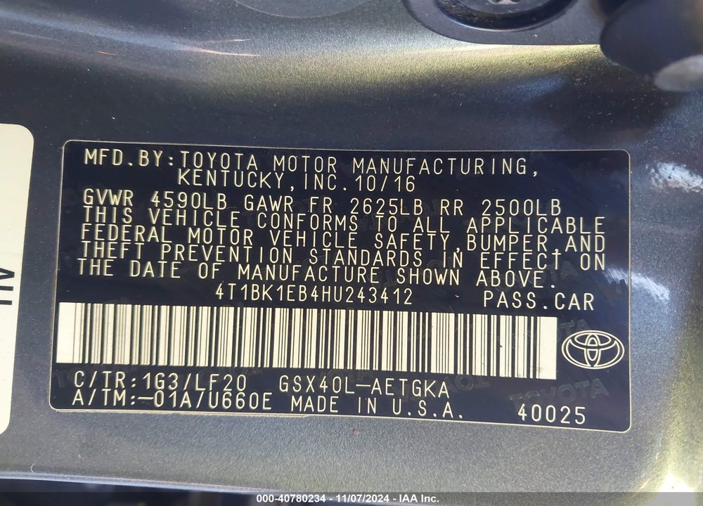 2017 TOYOTA AVALON XLE PLUS VIN: 4T1BK1EB4HU243412