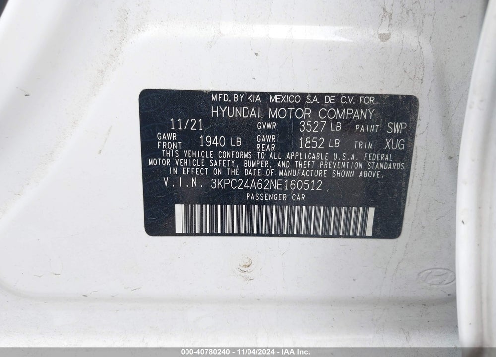 2022 HYUNDAI ACCENT SEL VIN: 3KPC24A62NE160512