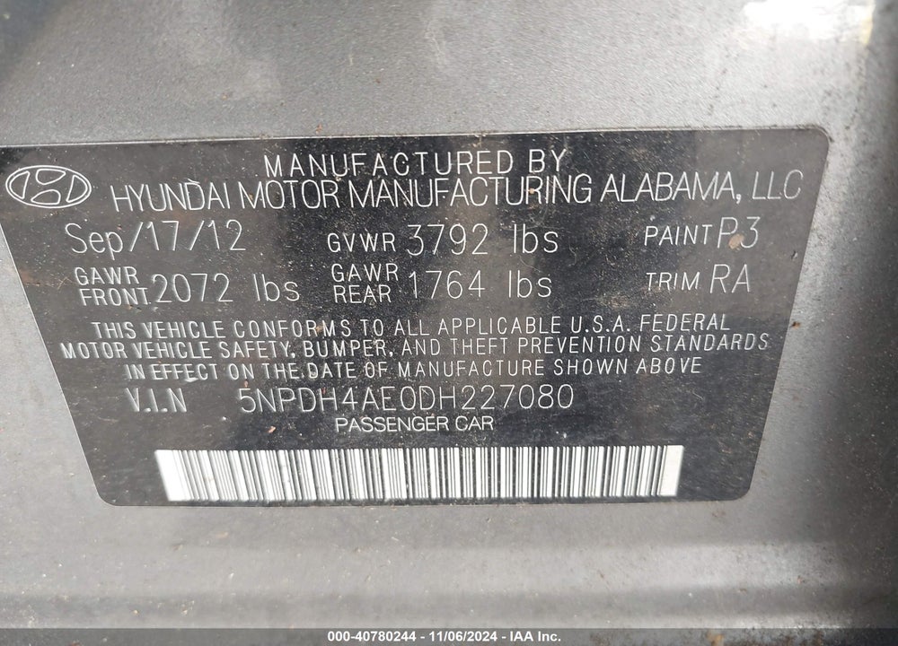 2013 HYUNDAI ELANTRA GLS VIN: 5NPDH4AE0DH227080