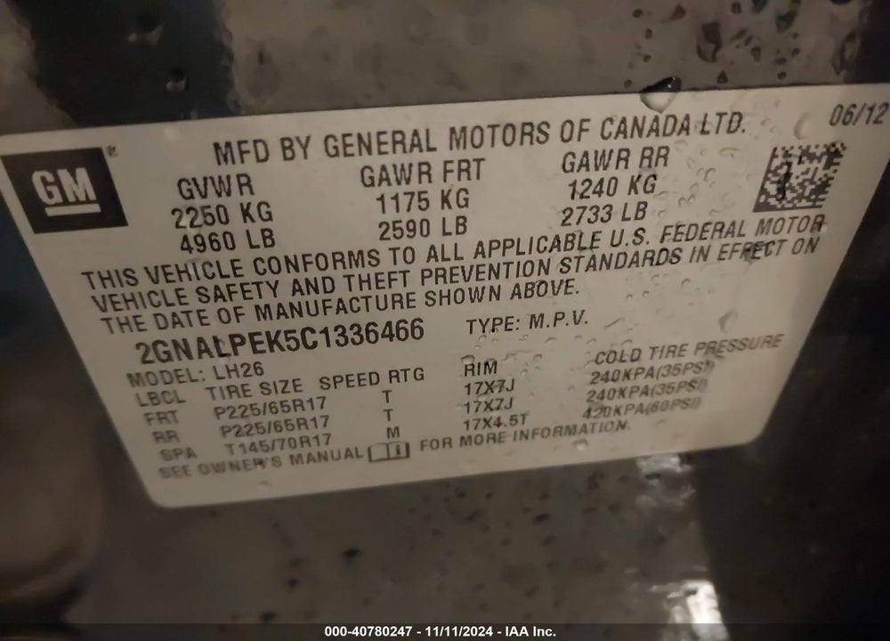 2012 CHEVROLET EQUINOX 2LT VIN: 2GNALPEK5C1336466